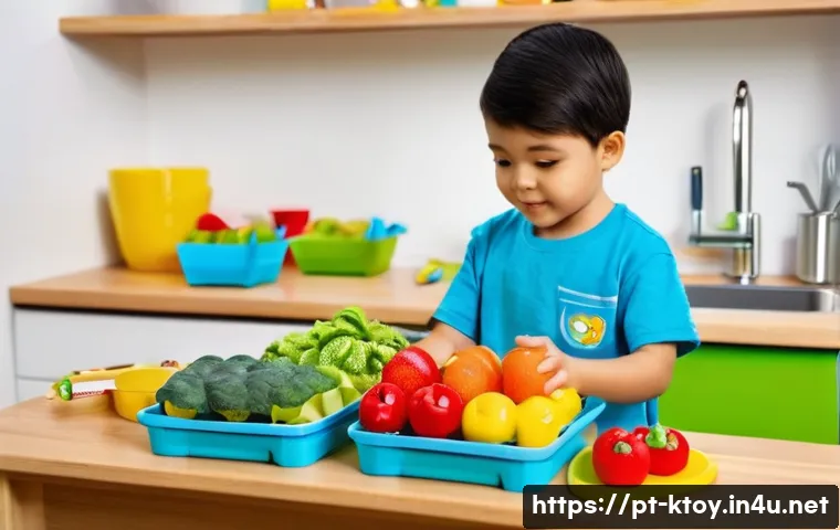 주방완구 보관 방법 - **Prompt:** A cheerful, brightly lit children's play area featuring a meticulously organized toy kit...