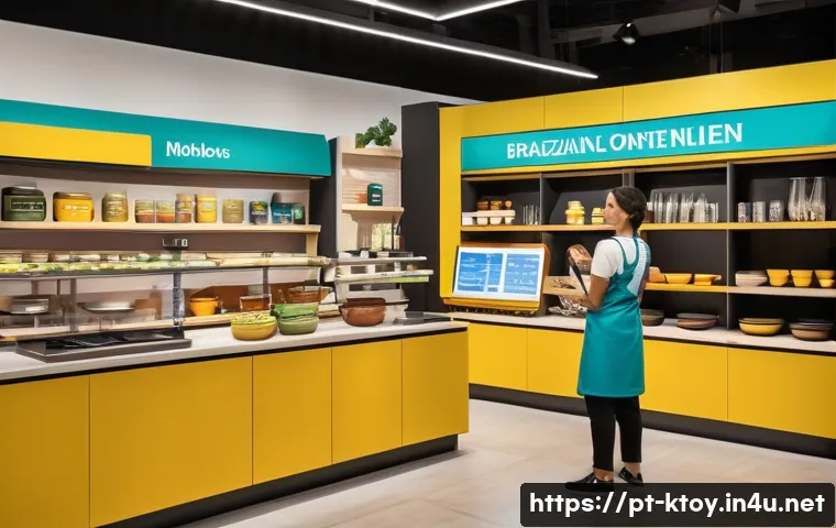 주방완구 쇼핑몰 성공 사례 - A vibrant Brazilian kitchenware store interior showcasing a variety of modern, sustainable kitchen u...