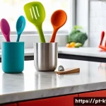 캐릭터 주방완구 출시 일정 - A vibrant kitchen scene featuring colorful kitchen utensils inspired by beloved characters like Mick...