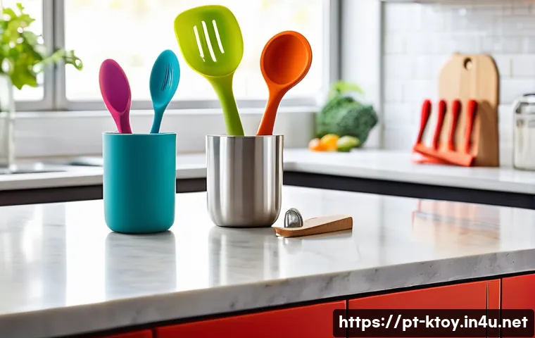 캐릭터 주방완구 출시 일정 - A vibrant kitchen scene featuring colorful kitchen utensils inspired by beloved characters like Mick...