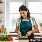 주방완구 정기 구독 서비스 - A cozy modern kitchen scene featuring a young Brazilian adult woman cooking with ergonomic, high-qua...