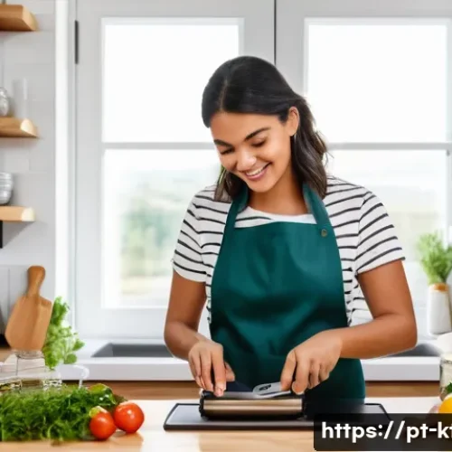 주방완구 정기 구독 서비스 - A cozy modern kitchen scene featuring a young Brazilian adult woman cooking with ergonomic, high-qua...