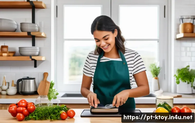 주방완구 정기 구독 서비스 - A cozy modern kitchen scene featuring a young Brazilian adult woman cooking with ergonomic, high-qua...