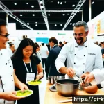 주방완구 리뷰 이벤트 기획 - A vibrant kitchen trade show scene in S&atilde;o Paulo, Brazil, showcasing a diverse crowd of adults explor...