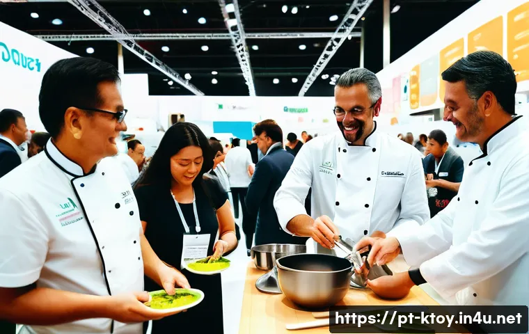 주방완구 리뷰 이벤트 기획 - A vibrant kitchen trade show scene in S&atilde;o Paulo, Brazil, showcasing a diverse crowd of adults explor...
