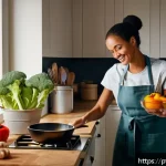 주방완구 크리에이터 협찬 사례 - A warm, cozy kitchen scene featuring a young content creator in casual home attire, wearing an apron...