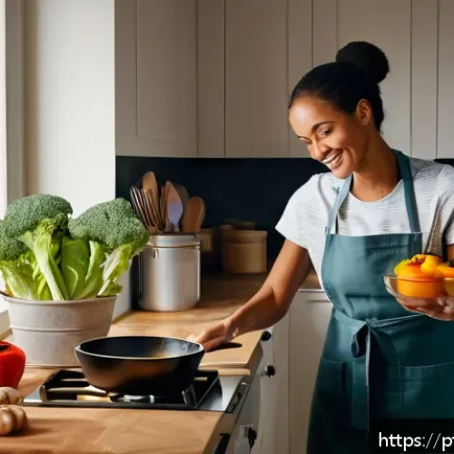 주방완구 크리에이터 협찬 사례 - A warm, cozy kitchen scene featuring a young content creator in casual home attire, wearing an apron...
