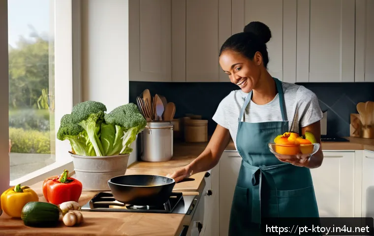 주방완구 크리에이터 협찬 사례 - A warm, cozy kitchen scene featuring a young content creator in casual home attire, wearing an apron...
