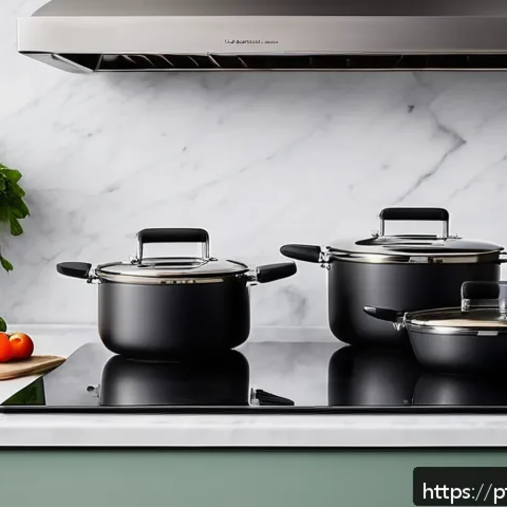 주방완구 가격대 비교 - A modern kitchen countertop featuring a set of stainless steel cookware with triple-layered bottoms,...