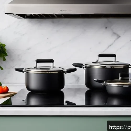 주방완구 가격대 비교 - A modern kitchen countertop featuring a set of stainless steel cookware with triple-layered bottoms,...