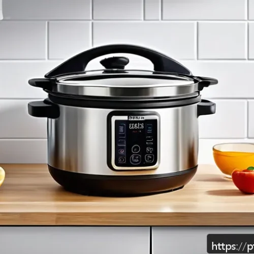 주방완구 관련 박람회 정보 - A modern, compact kitchen countertop featuring a sleek multifunctional electric pot made of stainles...