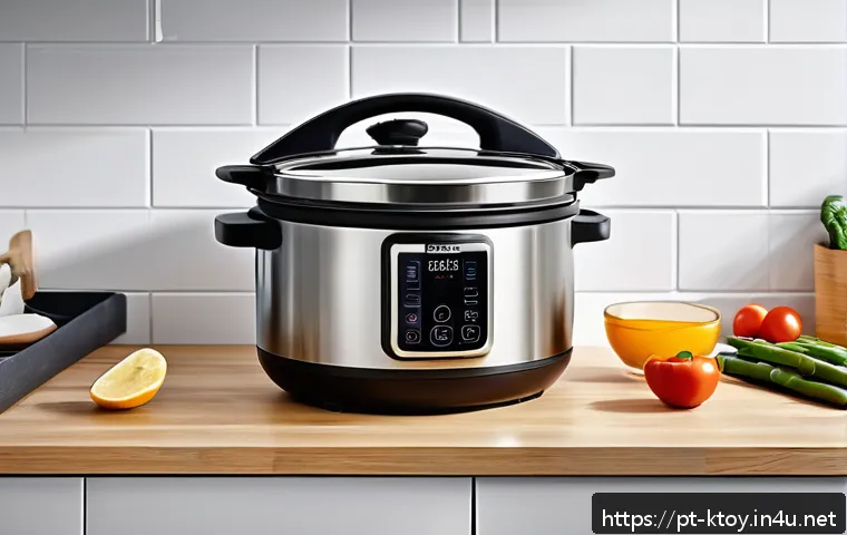 주방완구 관련 박람회 정보 - A modern, compact kitchen countertop featuring a sleek multifunctional electric pot made of stainles...