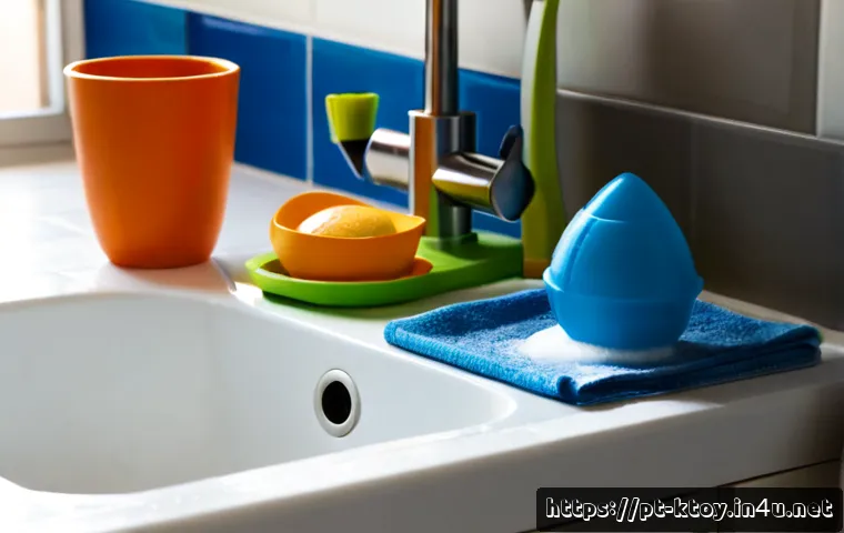 Home 17 주방완구 세척법 - Photorealistic close-up of an adult carefully washing colorful plastic toy kitchen utensils in a whi...