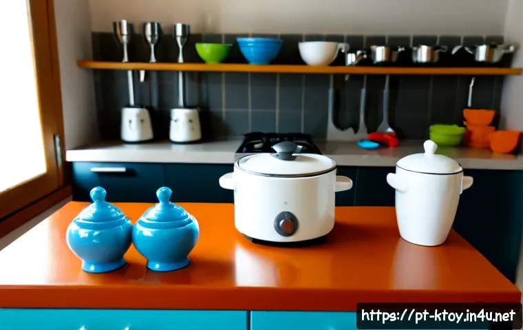 주방완구 브랜드별 리뷰 - Photorealistic bright family kitchen countertop comparison scene, three distinct unbranded children’...